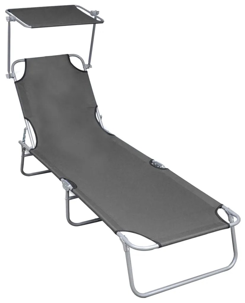 vidaXL Șezlong pliabil cu copertină, gri, aluminiu