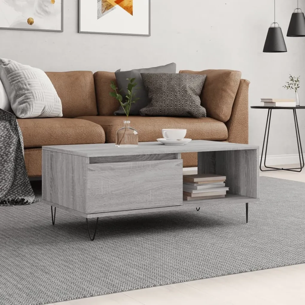830570 vidaXL Măsuță de cafea, gri sonoma, 90x50x36,5 cm, lemn prelucrat