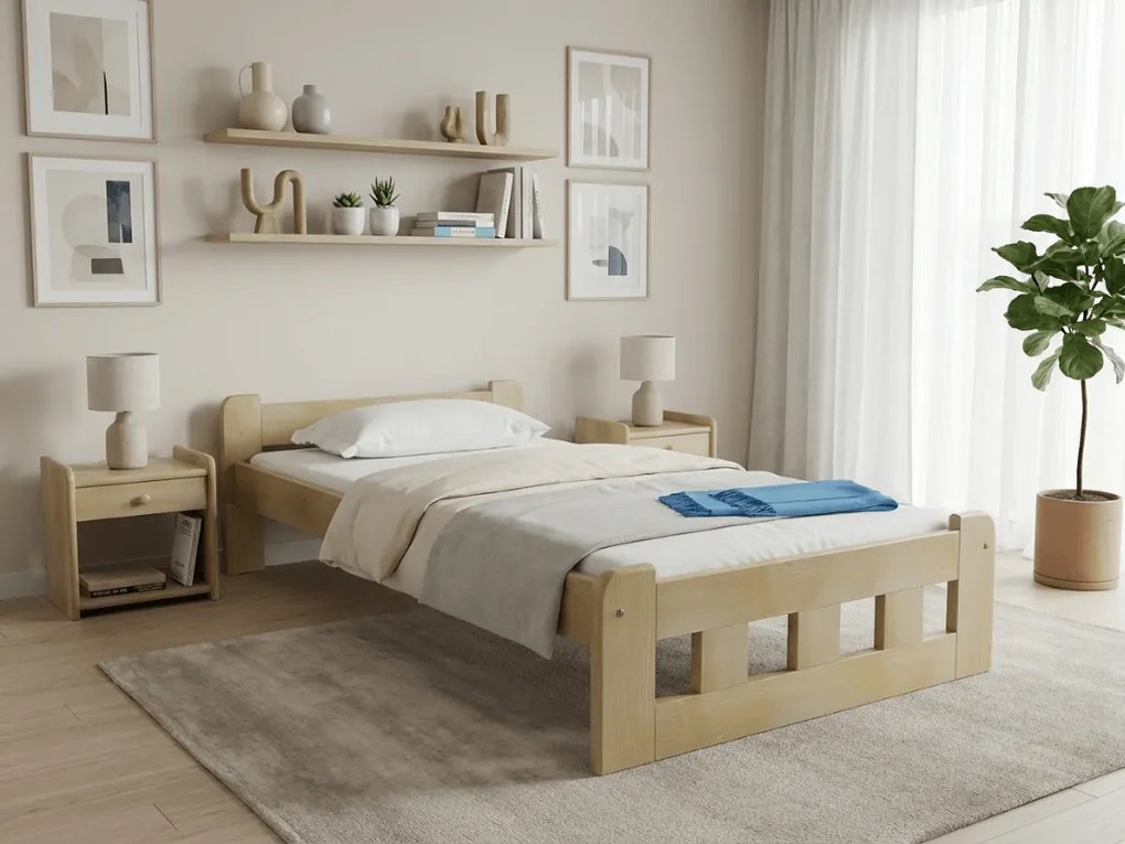 Pat de o persoana inalt Naomi 90x200 cm, pin Saltele: Cu saltele Sommera 18 cm, Somiera pat: Cu lamele drepte