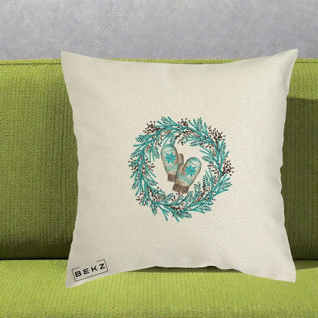Perna Decorativa Coroana Turcoaz cu Manusi, 40x40 cm, Ecru, Husa Detasabila, Perna Inclusa, BEKZ®