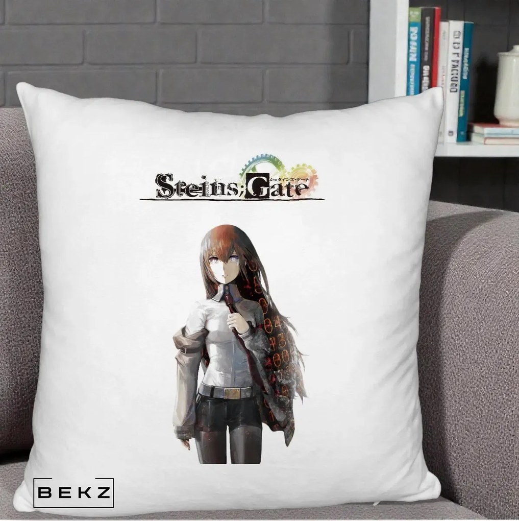 Perna Personalizata Steins Gate Kurisu Makise Anime, 40x40 cm, Alb Pufos, Husa Detasabila, Perna Inclusa, BEKZ®