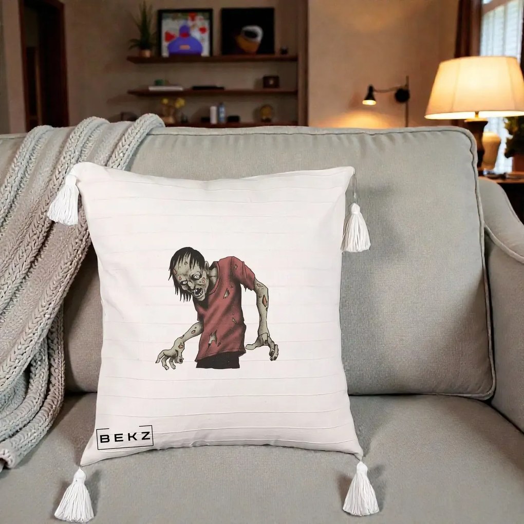 Perna Decorativa Halloween Zombie Infricosator, 40x40 cm, Bej cu Franjuri, Husa Detasabila, Perna Inclusa, BEKZ®