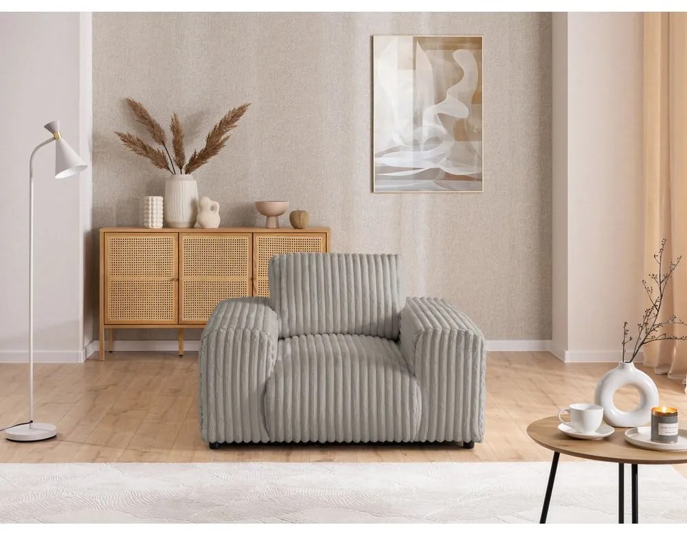 Fotoliu gri deschis cu tapițerie din catifea reiată Justin – Ropez