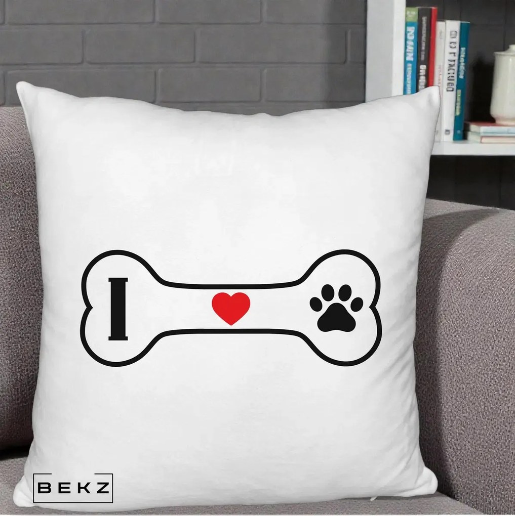 Perna Personalizata I Love Dog Os si Labuta, 40x40 cm, Alb Pufos, Husa Detasabila, Perna Inclusa, BEKZ®