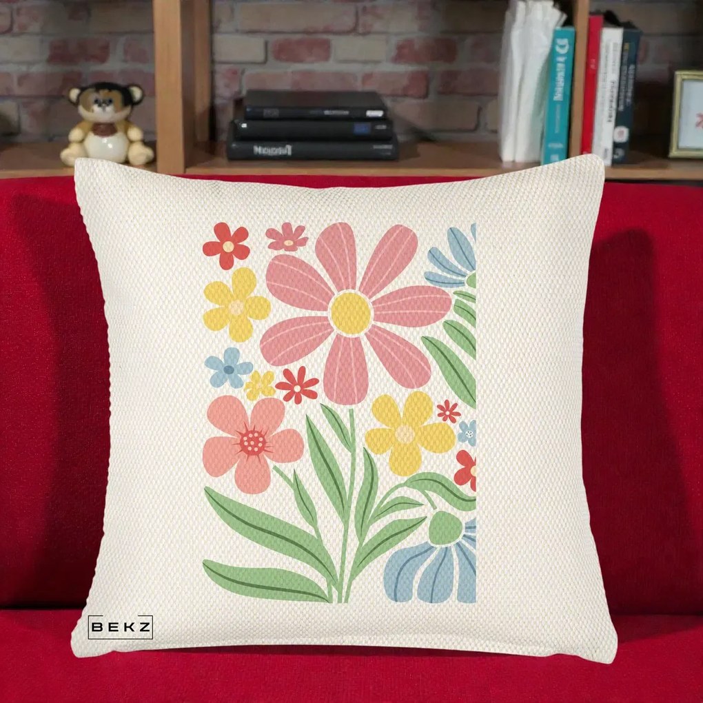 Perna Decorativa Flori Grafice Roz Pastel, 40x40 cm, Crem Reliefat, Husa Detasabila, Perna Inclusa, BEKZ®