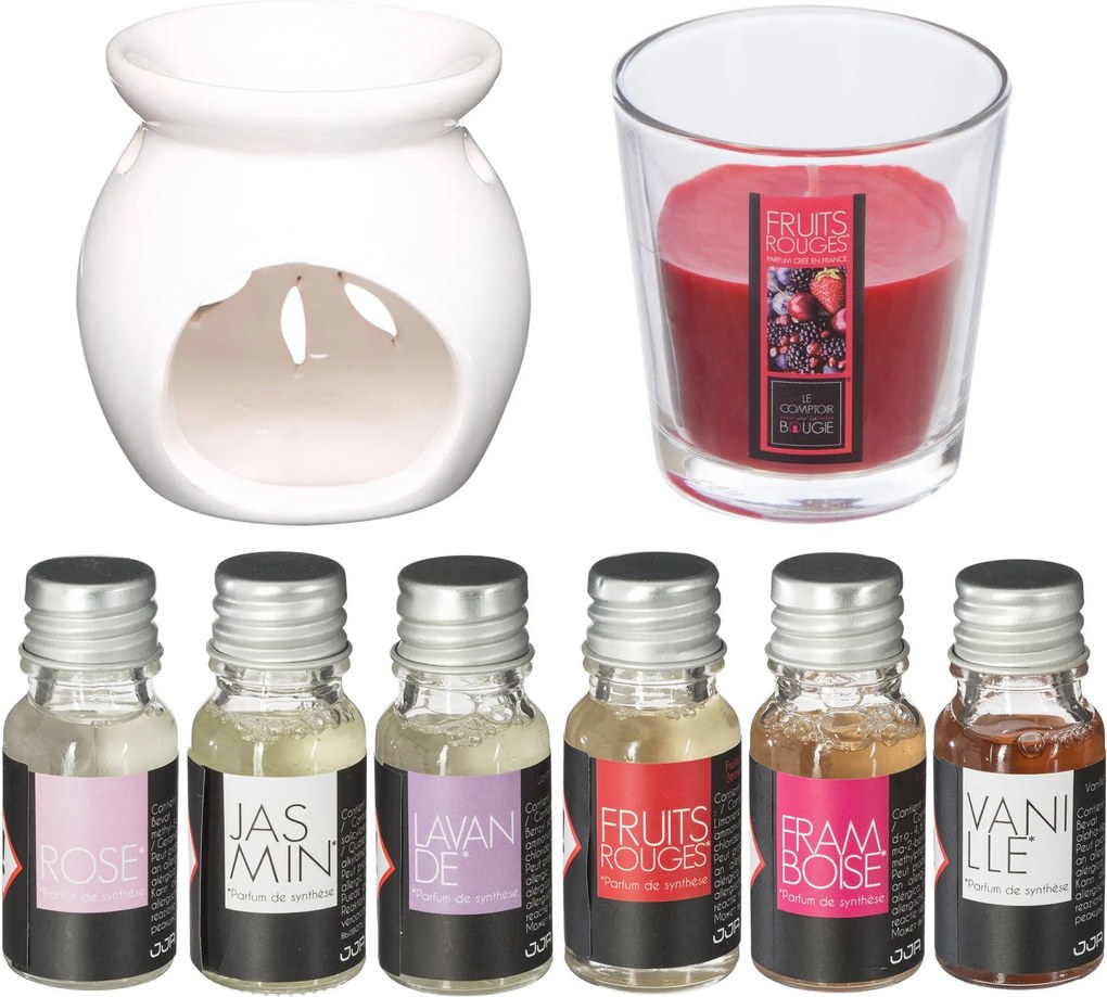 Set suport, lumânare + uleiuri parfumate, 8 elemente