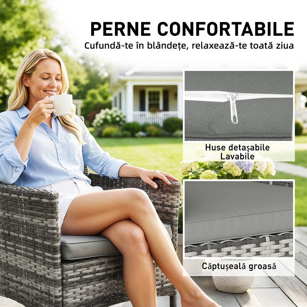 Outsunny Set de 2 Scaune de Grădină din Ratan, Scaune de Exterior cu Perne, Cotiere și Spătar Înalt, Cadru din Oțel pentru Verandă, Balcon, Lângă Piscină și Grădină, Gri | Aosom Romania