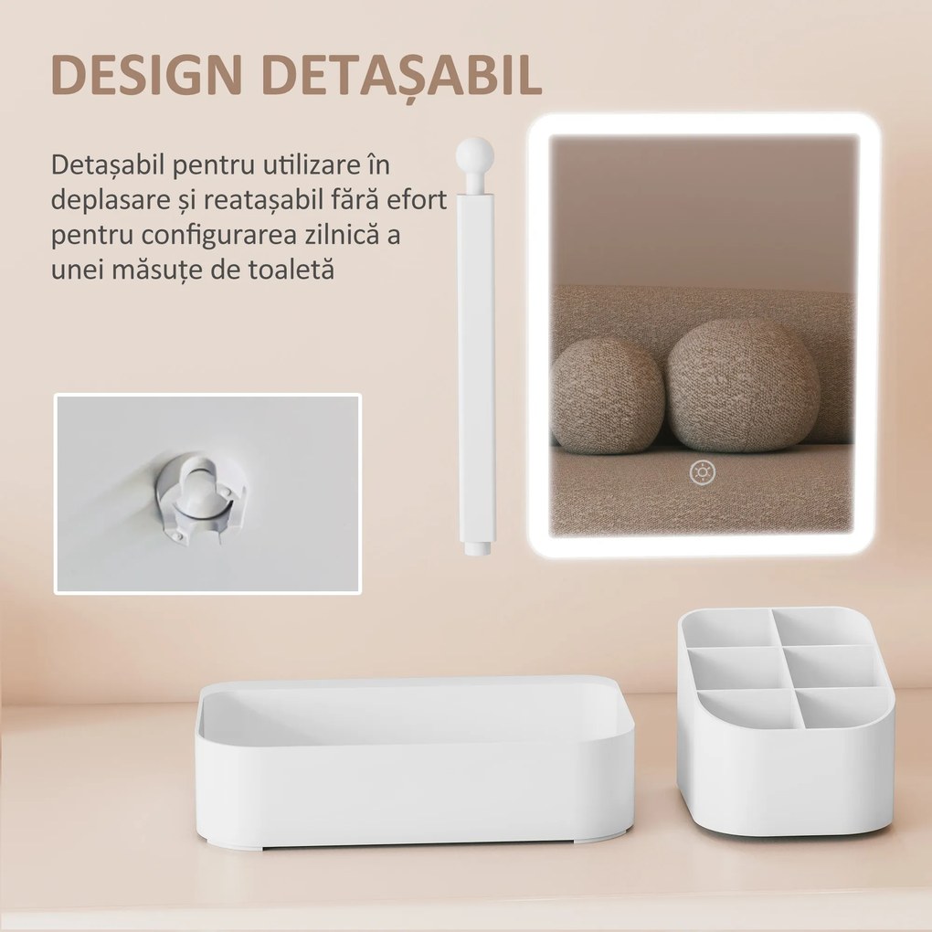 HOMCOM Oglindă Machiaj cu LED-uri, Oglindă Vanity Reîncărcabilă cu Ecran Touch, 2 Moduri de Iluminare și Rotire 180°, Alb | Aosom Romania