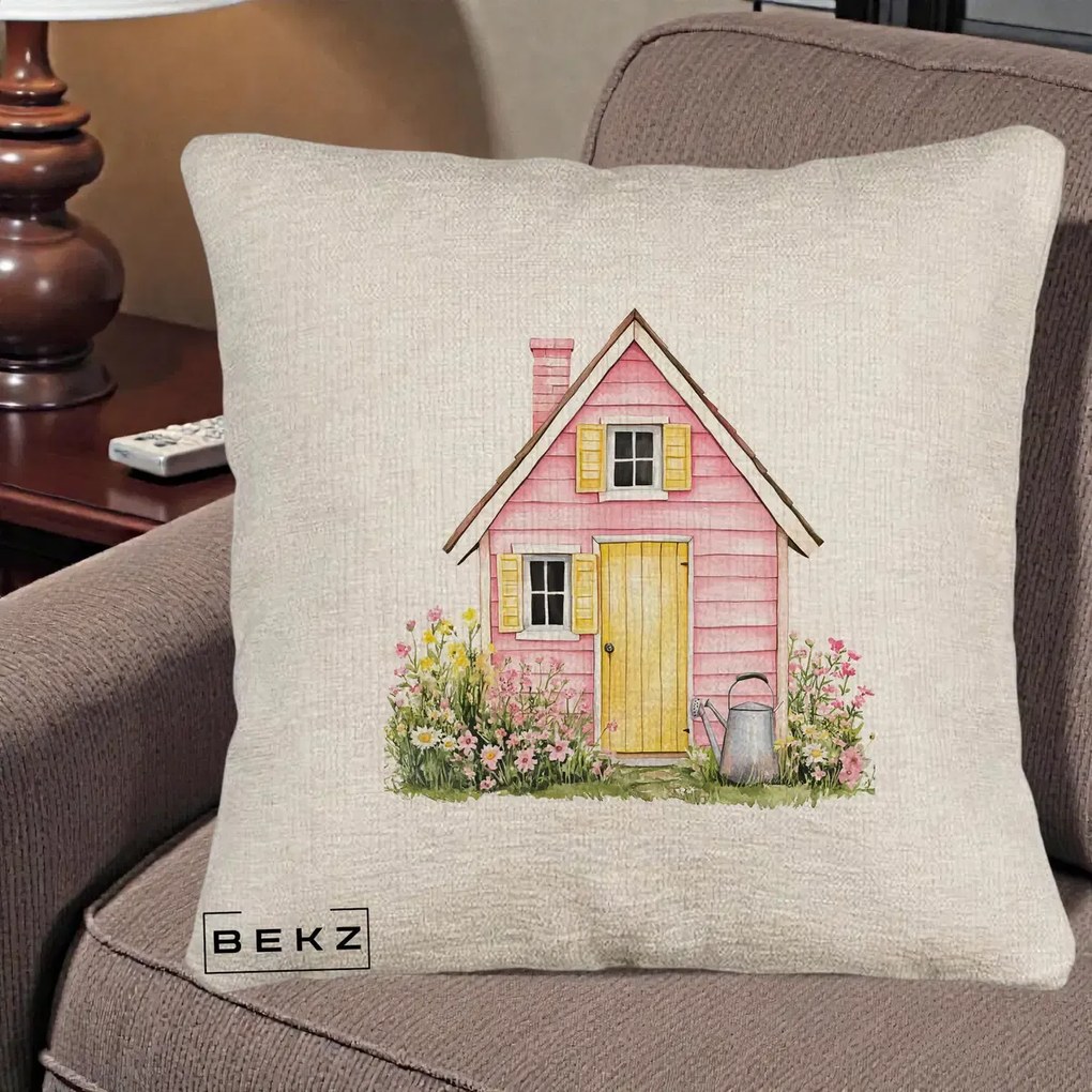 Perna Decorativa Casuta Roz Acuarela cu Gradina, 40x40 cm, Bej Canapea, Husa Detasabila, Perna Inclusa, BEKZ®