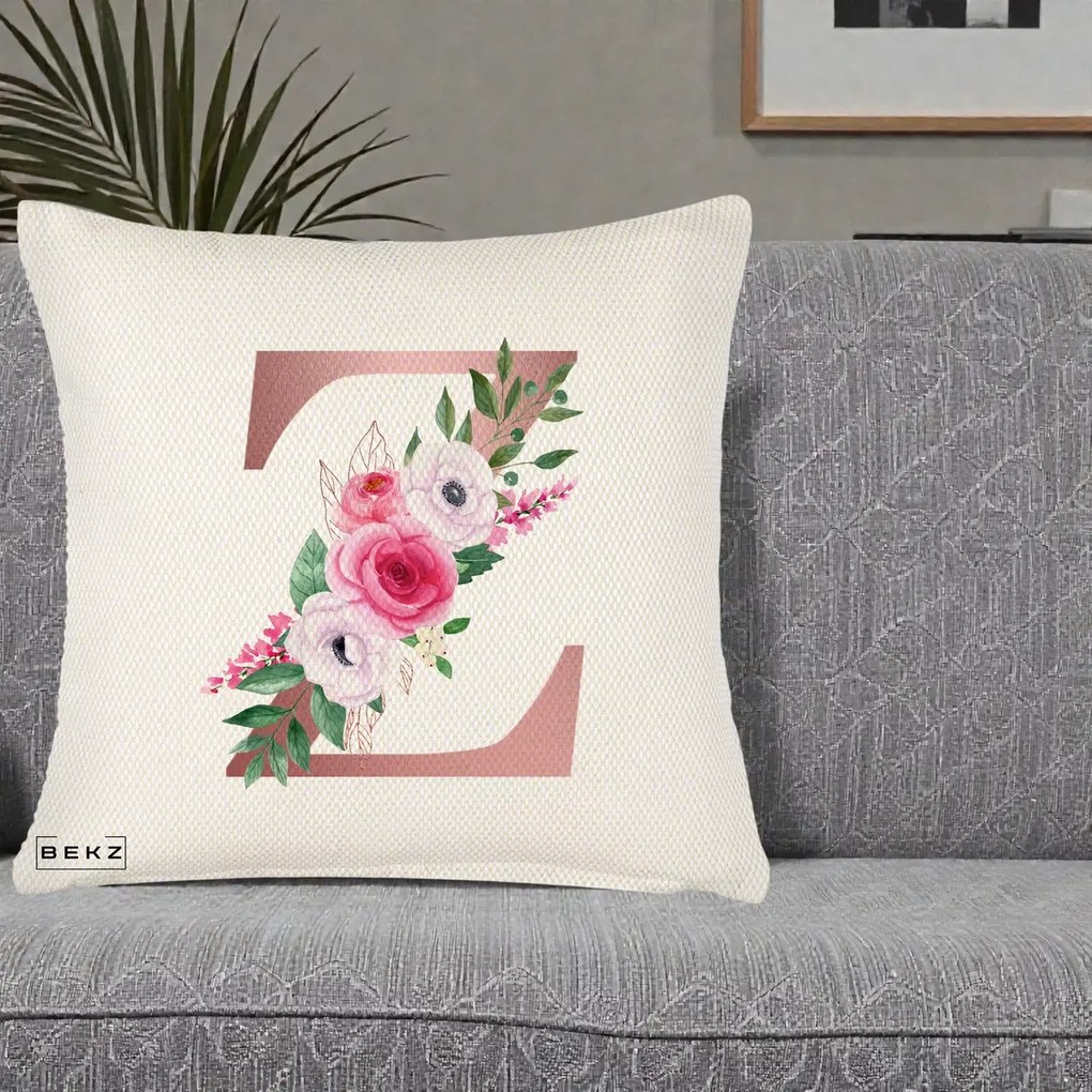 Cadou Personalizat - Perna Personalizata Monograma Rose Gold Litera Z, 40x40 cm, Crem Reliefat, Husa Detasabila, Perna Inclusa, BEKZ®