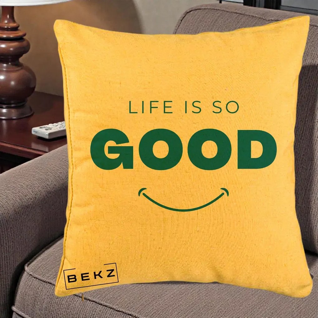 Perna Decorativa Life is So Good Mesaj Pozitiv, 40x40 cm, Galben, Husa Detasabila, Perna Inclusa, BEKZ®