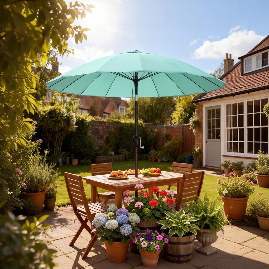 Outsunny Umbrelă de grădină rotundă 2 m, înclinabilă, deschidere/închidere cu manivelă, 16 spițe, turcoaz | Aosom Romania