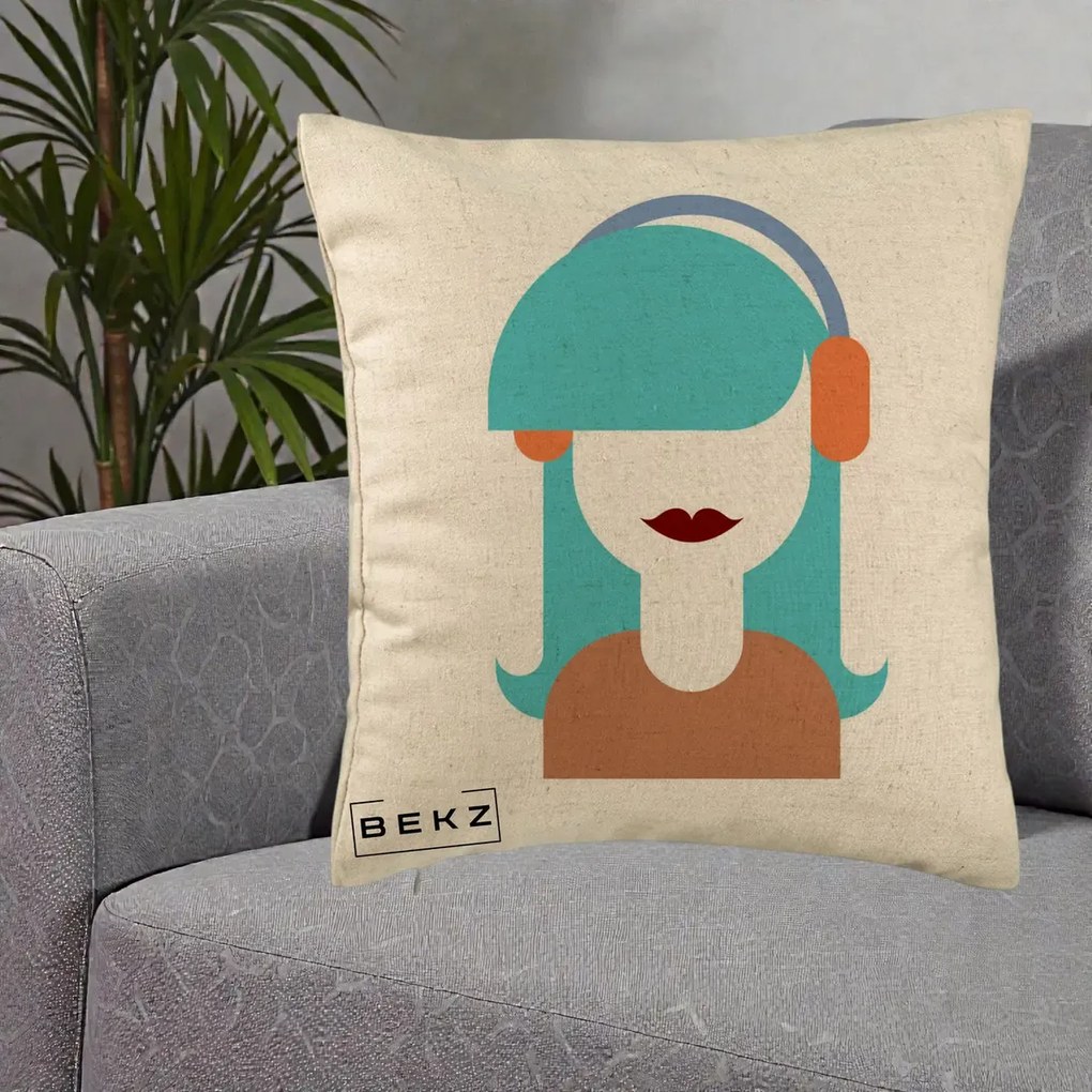 Perna Decorativa Fata cu Casti Muzica Grafic, 40x40 cm, Bej, Husa Detasabila, Perna Inclusa, BEKZ®