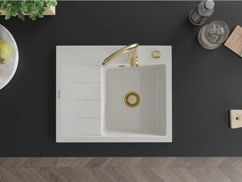 Mexen Ben chiuvetă granit cu 1 compartiment și scurgător, dreapta 600 x 500 mm, alb, sifon auriu - 6523605000-20-G