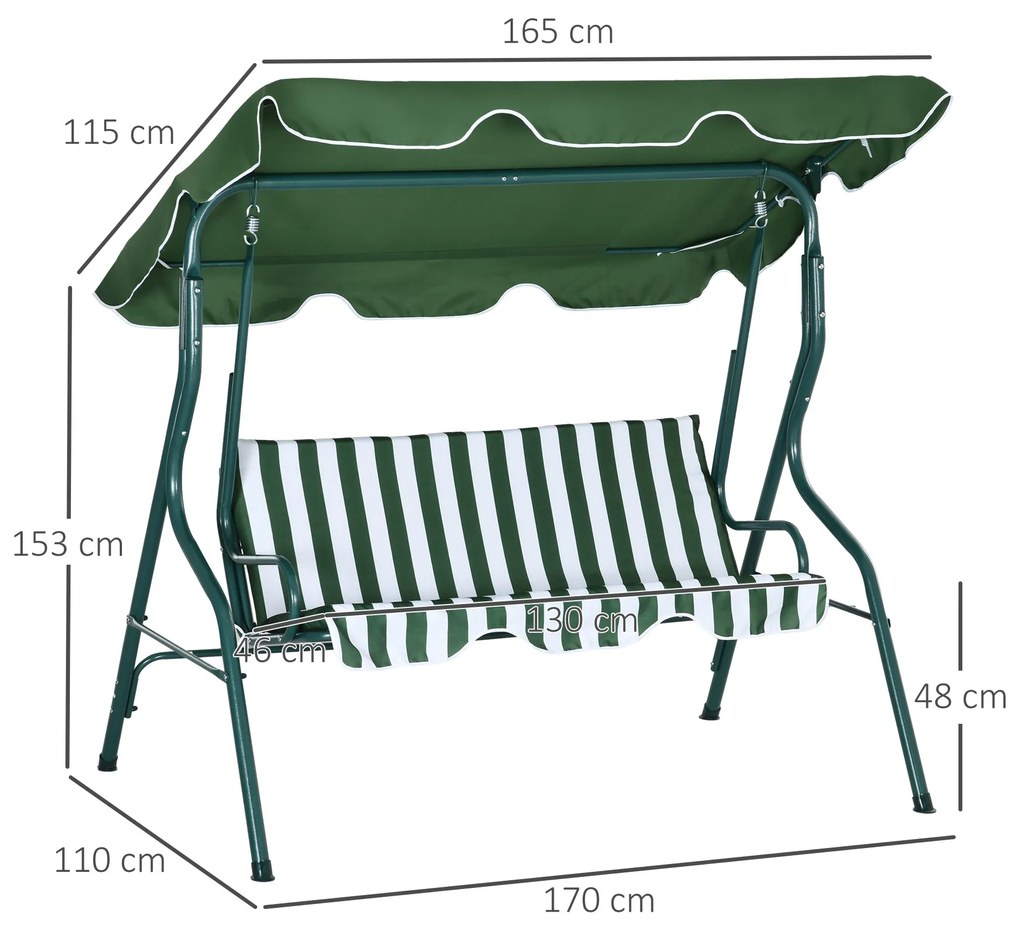 Outsunny Balansoar cu 3 Locuri cu Acoperiș Reglabil și Perne Tapițate, Leagăn de Grădină din Oțel și Poliester, 170x110x153 cm, Verde | Aosom Romania