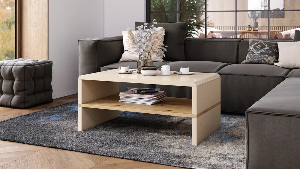 Mazzoni ROCK Bej Luciu / Stejar Artisan - MĂSUȚĂ MODERNĂ CU RAFT