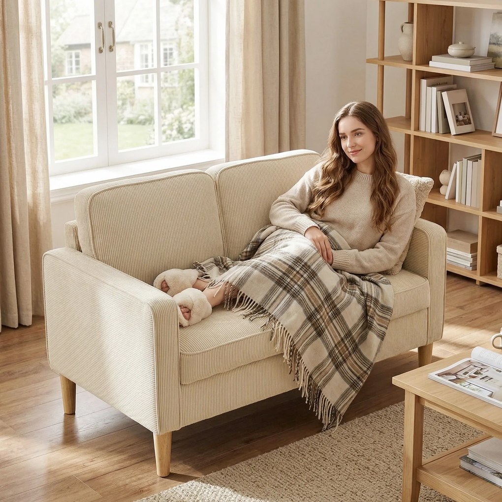 HOMCOM Canapea 2 locuri cu 2 perne decorative, depozitare, picioare din lemn masiv, loveseat mic modern, catifea côtelată, 117 x 63 x 79 cm, bej | Aosom Romania