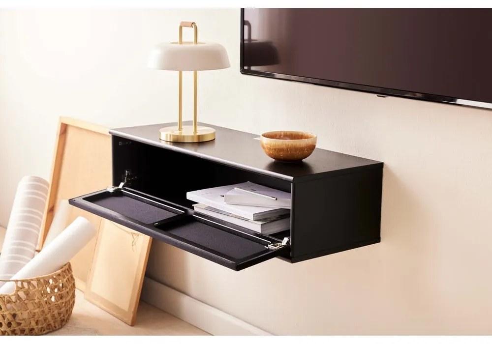 Comodă TV neagră cu aspect de lemn de frasin 89x22 cm Mistral – Hammel Furniture