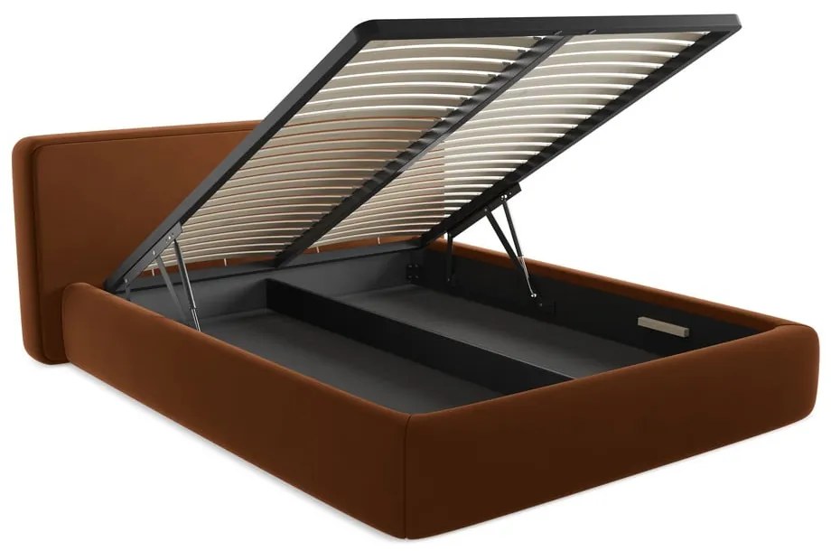 Pat matrimonial teracotă tapițat cu spațiu de depozitare cu somieră 160x200 cm Kiana – Makamii