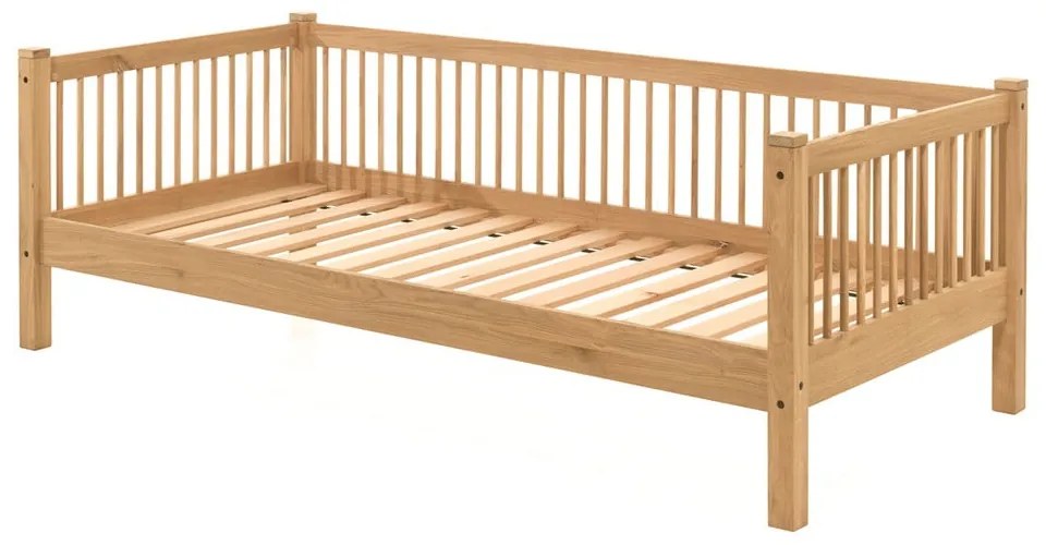 Pat pentru copii în culoare naturală cu extensie suplimentară din lemn de stejar cu spațiu de depozitare 90x200 cm Forrest – Vipack
