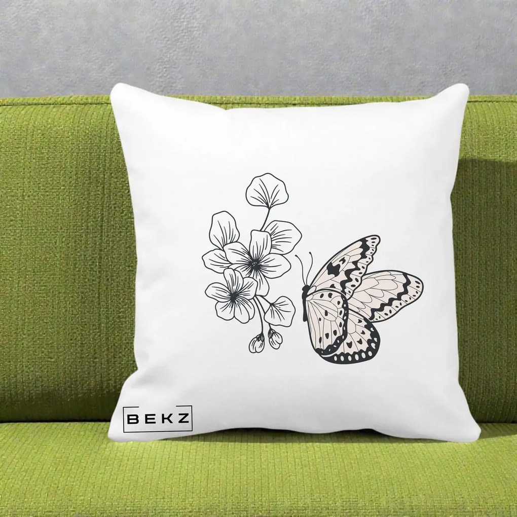 Perna Decorativa Fluture si Flori Linie Monocroma, 40x40 cm, Alba Mata, Husa Detasabila, Perna Inclusa, BEKZ®