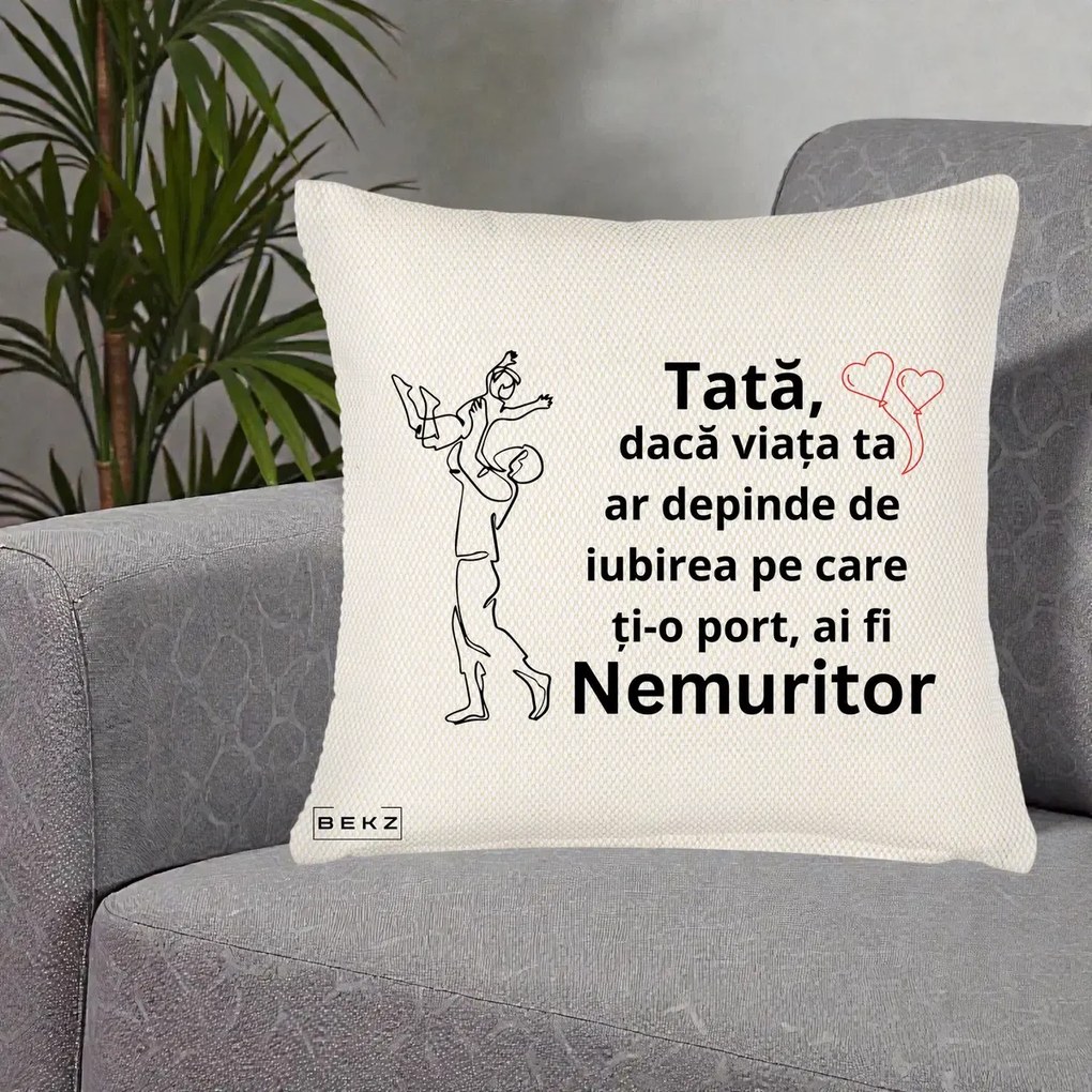 Cadou pentru Tata - Perna Personalizata Tata Nemuritor Joaca in Aer, 40x40 cm, Crem Reliefat, Husa Detasabila, Perna Inclusa, BEKZ®