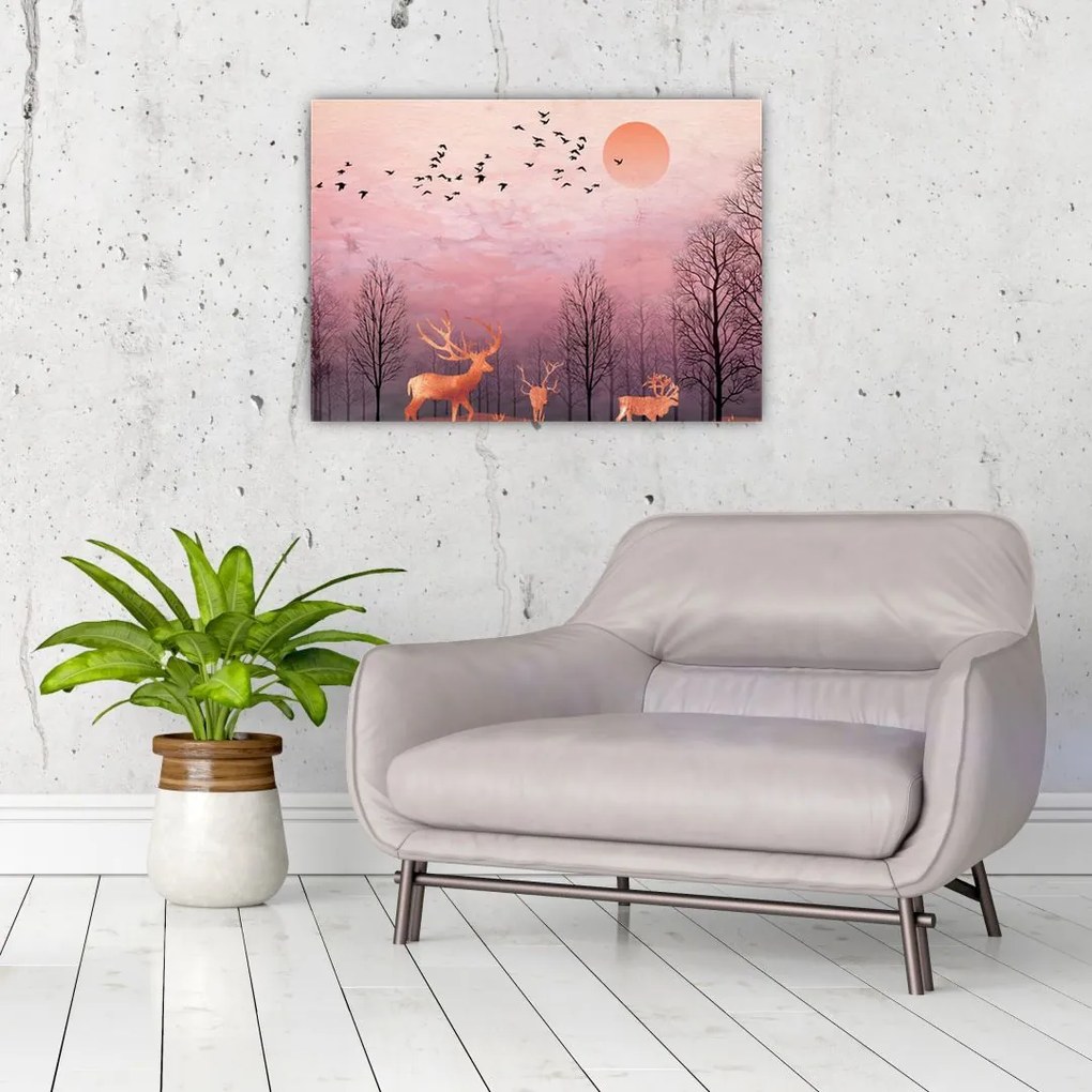 Tablou pe sticlă - Căprioare în strălucirea apusului de soare (70x50 cm)