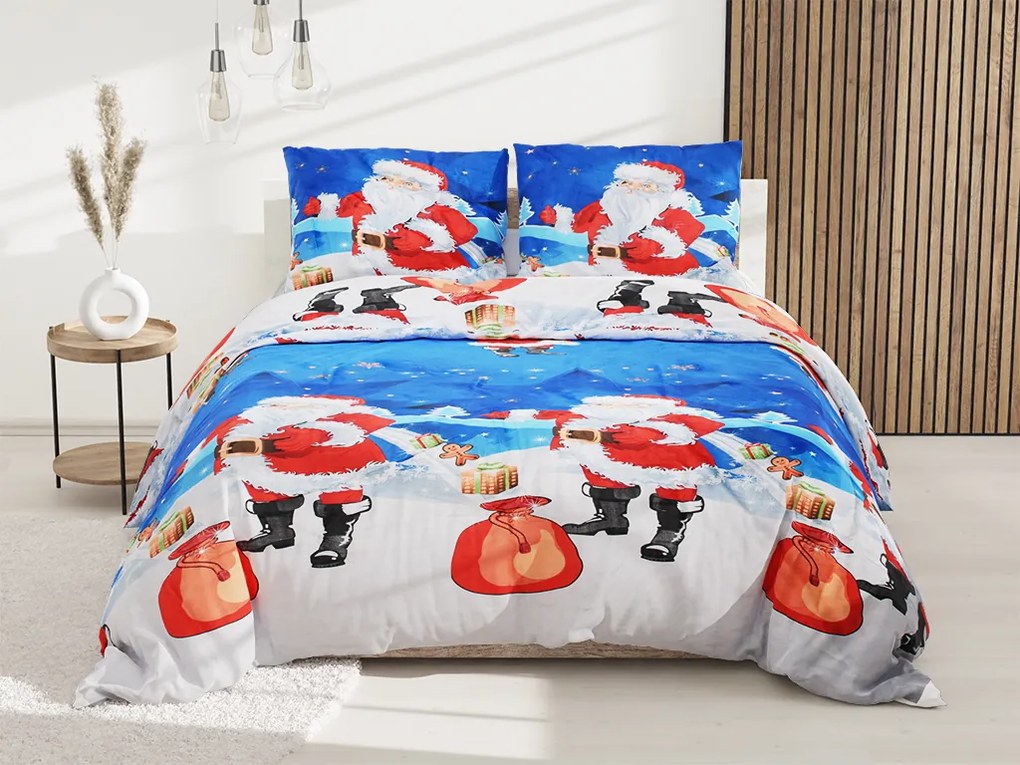 Lenjerie de pat din bumbac albastru, MAGIC SANTA + husa de perna 40 x 50 cm gratuit