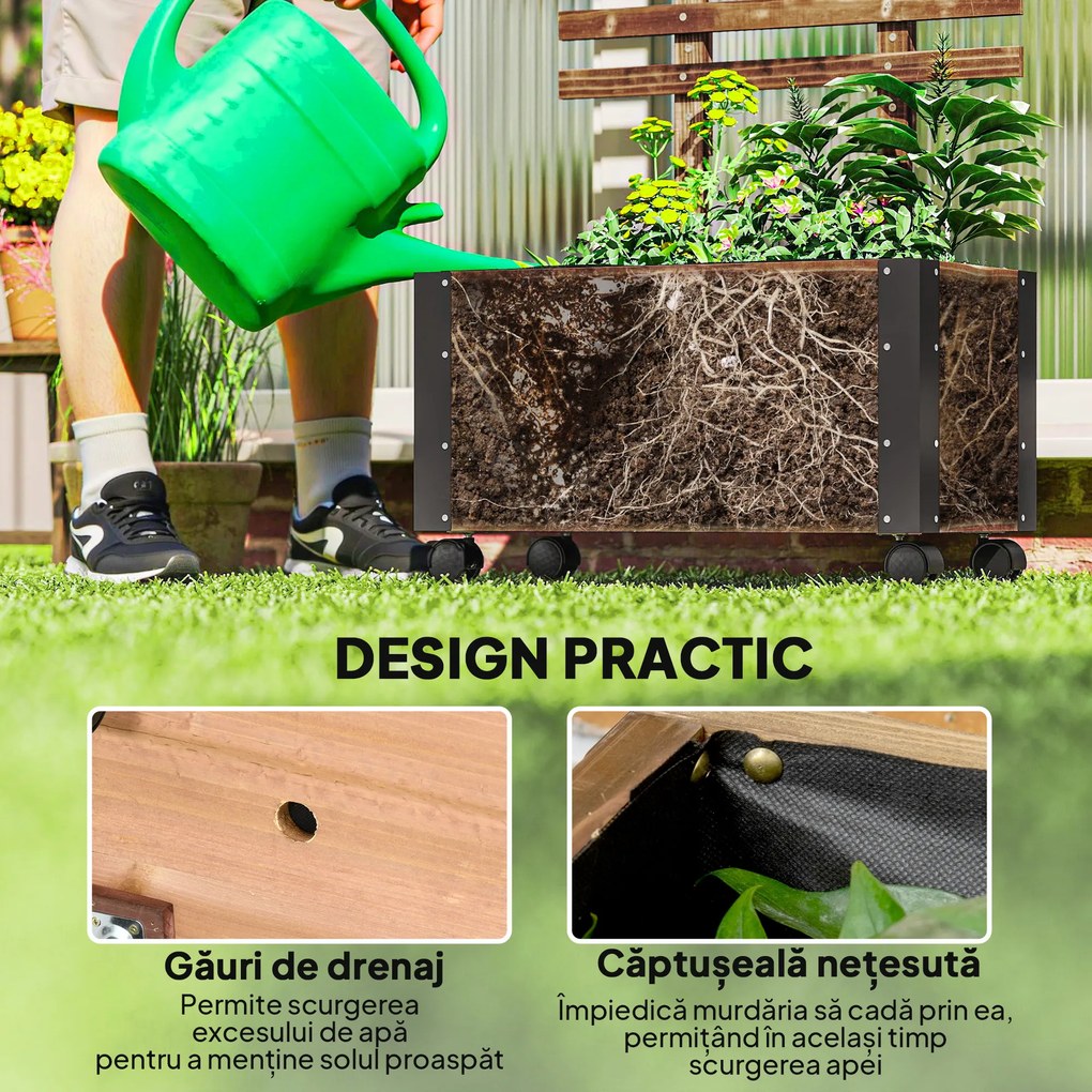 Outsunny Jardiniera cu Spalier pentru Plante Agatatoare si Roti, Jardiniera din Lemn de Brad cu Design Autodrenant, 65x31x147 cm, Maro Carbonizat