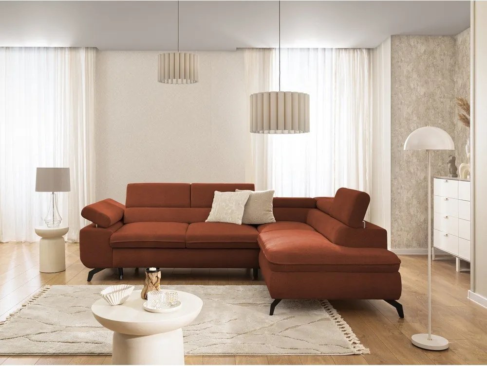 Colțar teracotă cu tapițerie din chenille (cu colț pe partea dreaptă/în formă de ”L”) Marbeya – Ropez