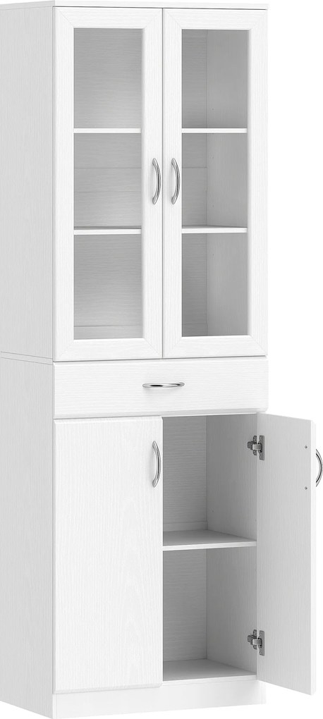 HOMCOM Dulap de Bucătărie Înalt 180 cm cu Uși din Sticlă Soft-Close, Sertar și 2 Dulapuri, Polițe Reglabile, Alb | Aosom Romania