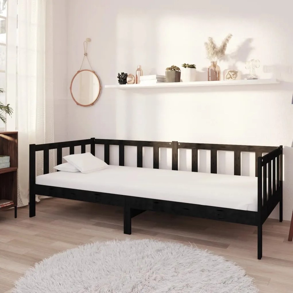 3083608 vidaXL Pat de zi cu saltea, 90x200 cm, negru, lemn masiv de pin