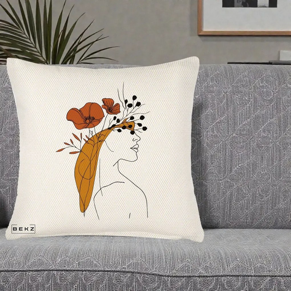 Perna Decorativa Portret Feminin Maci Rosii Auriu, 40x40 cm, Crem Reliefat, Husa Detasabila, Perna Inclusa, BEKZ®