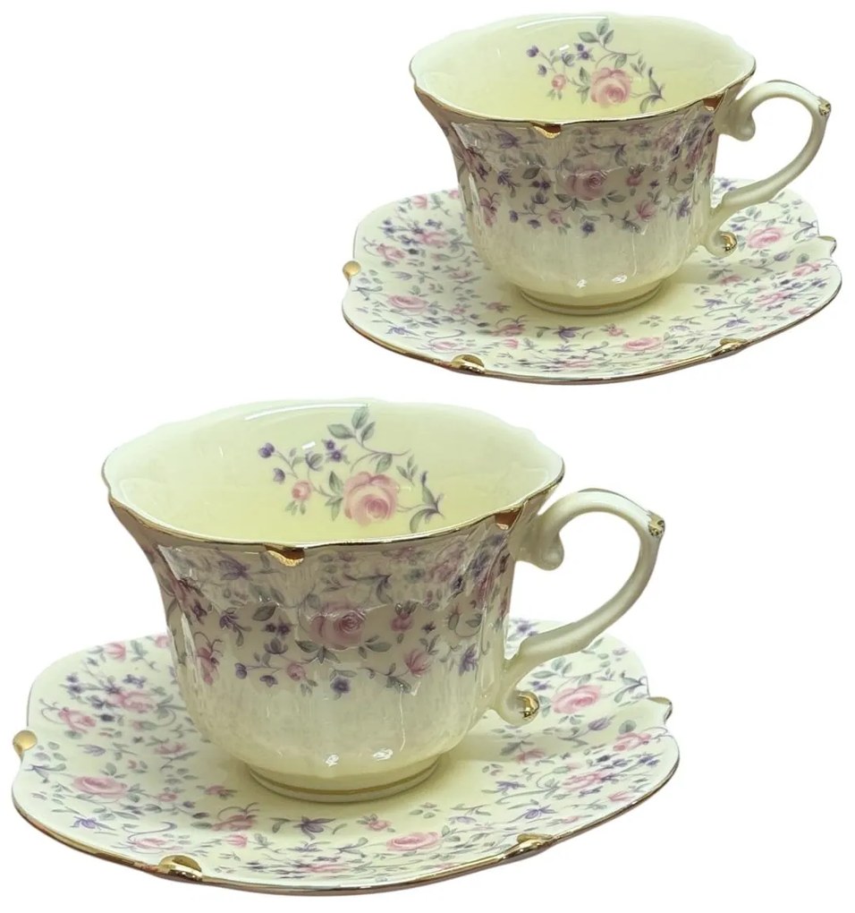 Serviciu Portelan Vintage 2 Cesti si farfurii, PINK FLORAL