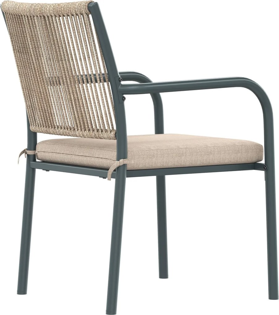 Set mobilier de grădină modern, 5 piese, masă rotundă cu blat din sticlă securizată, 4 scaune cu brațe cu spătar din sfoară, Gri