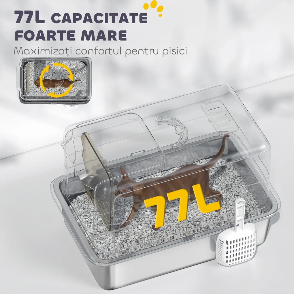PawHut Litieră din Oțel Inoxidabil pentru Pisici cu Capac Detasabil, Lopățică, Pungi Filtrante, pentru Pisici Mari, Gri și Argintiu | Aosom Romania