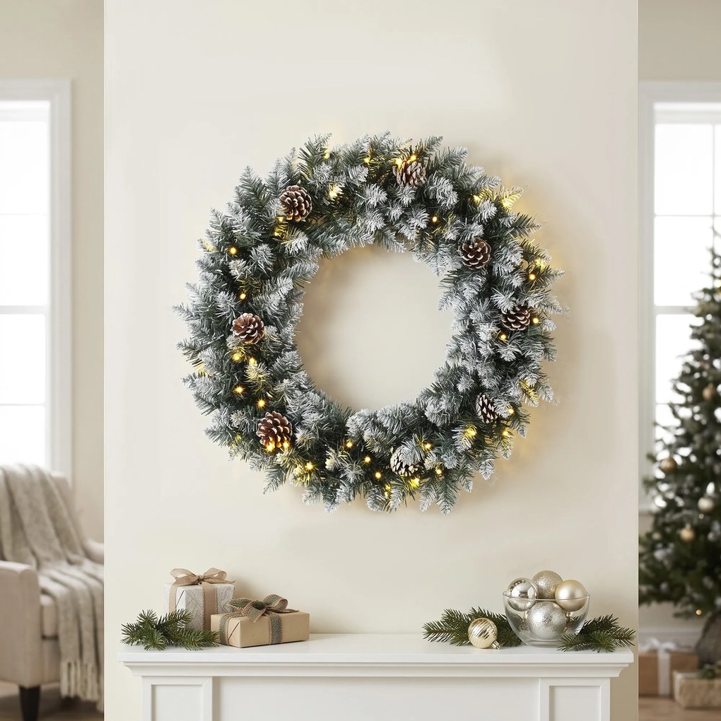 HOMCOM Coroniță de Crăciun 60 cm cu lumini LED, 8 moduri, 140 ramuri, conuri de pin, verde | Aosom Romania