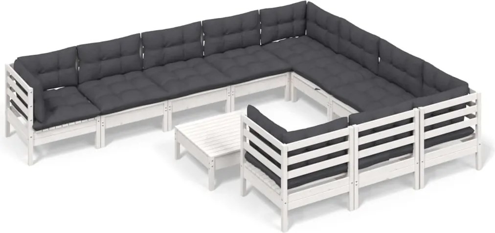 vidaXL Set de șezlonguri de grădină cu perne 11 piese alb lemn de pin