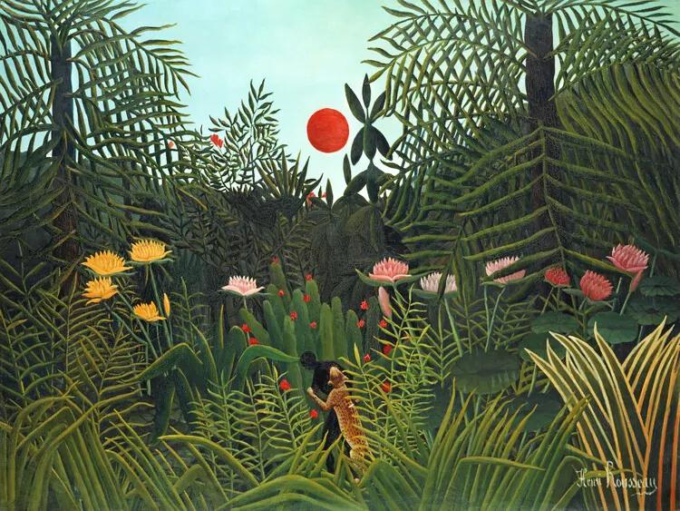 Reproducere Setting Sun in the Virgin Forest (Tropical Rainforest Landscape) - Henri Rousseau