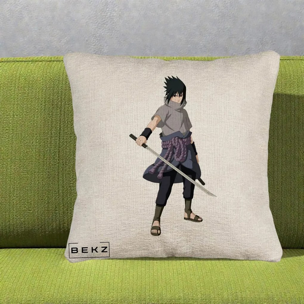 Perna Personalizata Naruto Sasuke Uchiha cu Sabia, 40x40 cm, Bej Canapea, Husa Detasabila, Perna Inclusa, BEKZ®