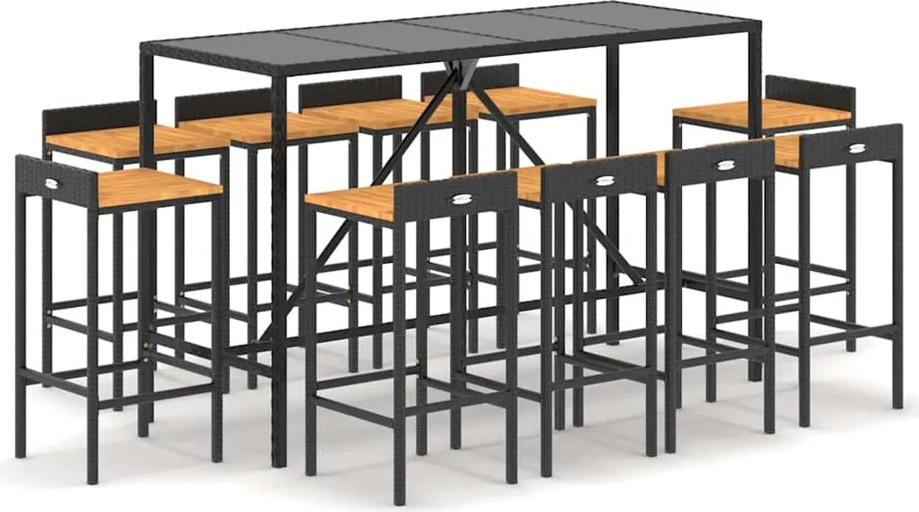 vidaXL Set bar pentru grădină, 11 piese, negru, poliratan/lemn acacia