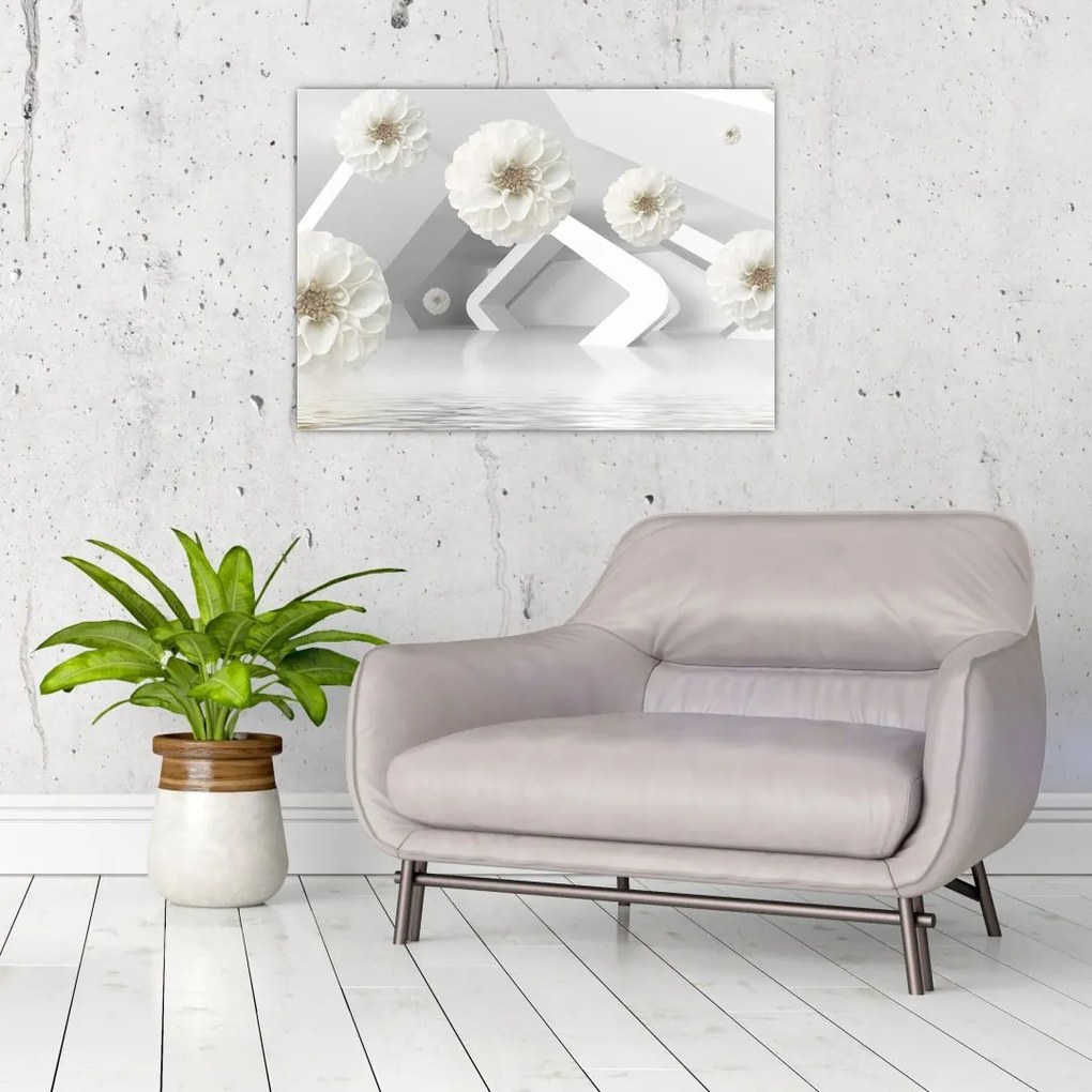 Tablou pe sticlă abstract cu flori albe (70x50 cm)