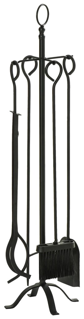 Outsunny Set Scule pentru Semineu 5 bucati, Baza cu Vatrai, Cleste, Lopata si Matura din Metal, 20x20x82,5cm, Negru