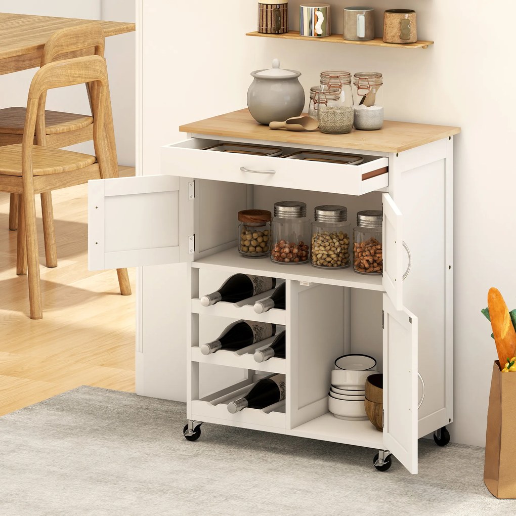 HOMCOM Cărucior Bucătărie cu Suport Sticle, Lemn de Cauciuc și MDF, 67x37x87cm, Design Elegant, Alb | Aosom Romania