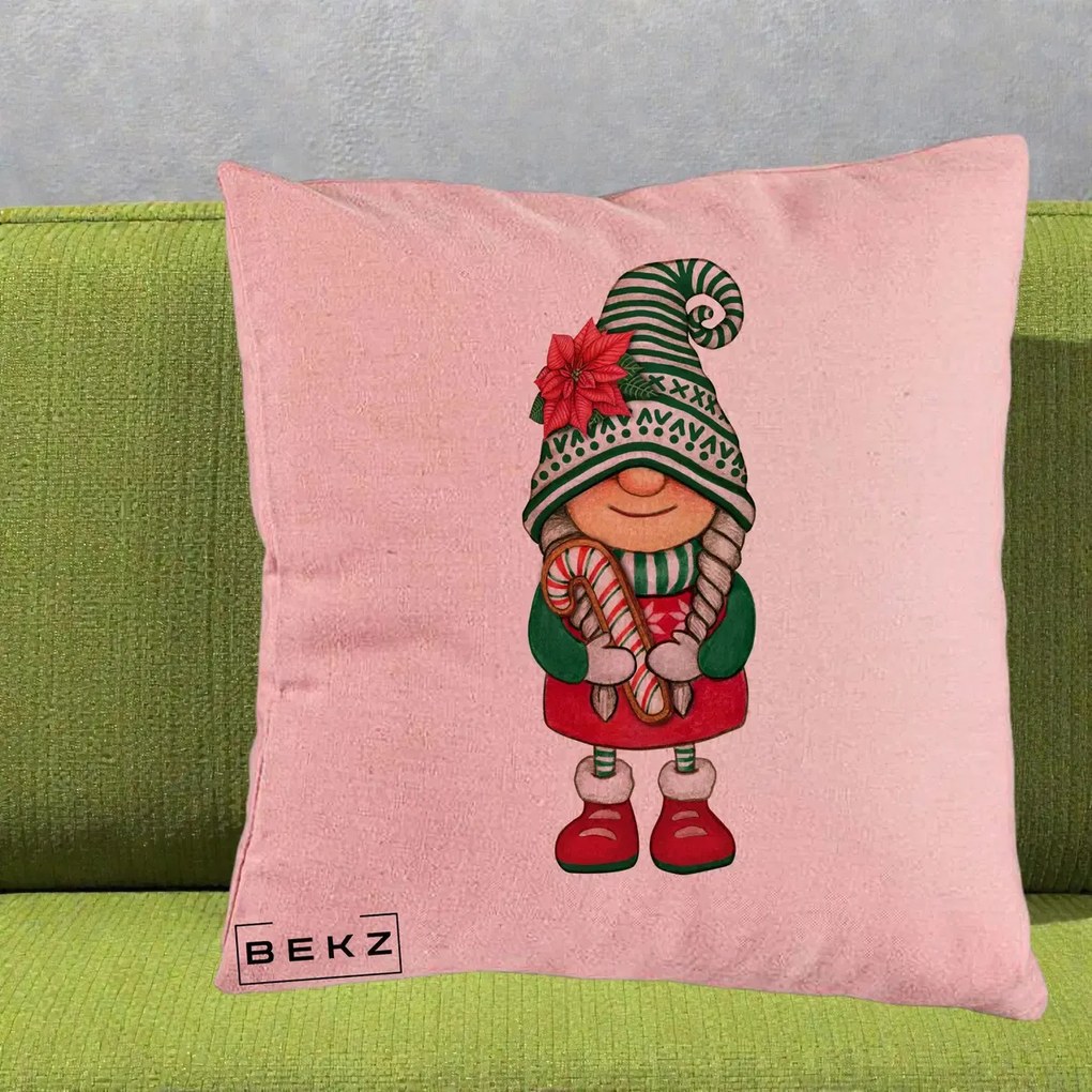 Perna Decorativa Gnom Craciun Verde cu Bomboane si Floare, 40x40 cm, Roz, Husa Detasabila, Perna Inclusa, BEKZ®