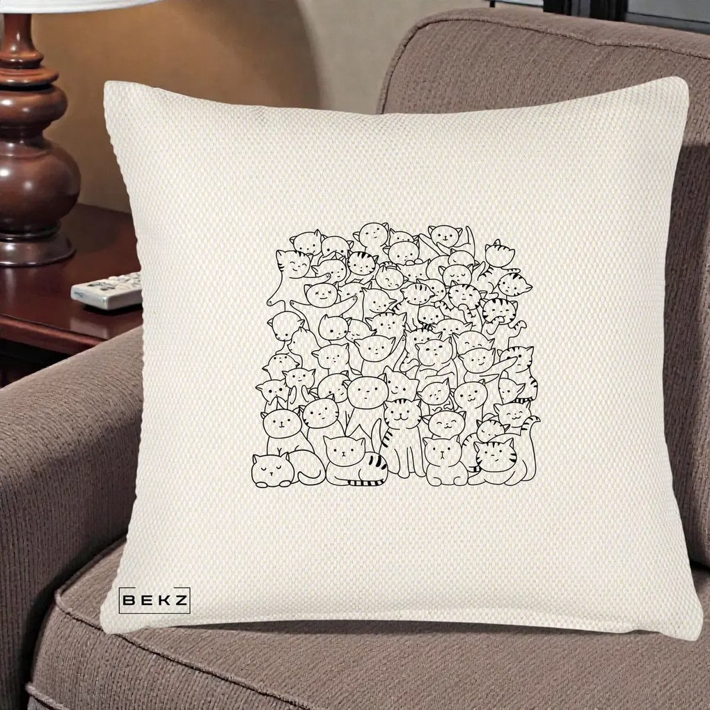Perna Personalizata Many Cats Pattern Alb-Negru, 40x40 cm, Crem Reliefat, Husa Detasabila, Perna Inclusa, BEKZ®