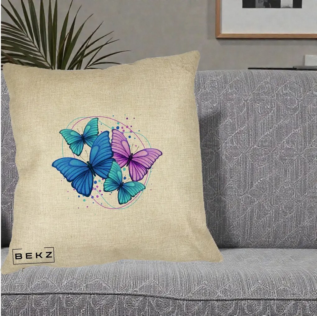 Perna Decorativa Patru Fluturi Turcoaz-Violet, 40x40 cm, Crem, Husa Detasabila, Perna Inclusa, BEKZ®