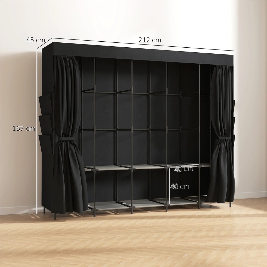 HOMCOM Dulap Textil Compact cu 5 Bare, 5 Rafturi, 6 Buzunare Laterale, Uși Anti-Praf cu Fermoar, Negru | Aosom Romania