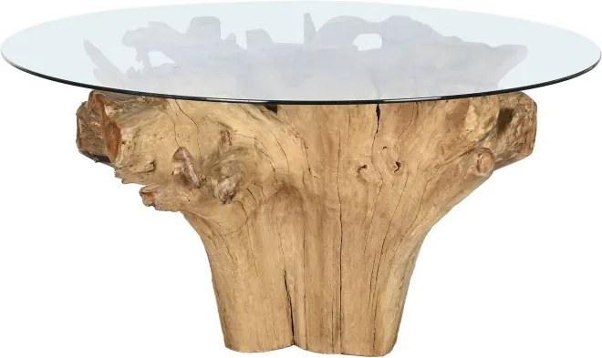 Masă dining rotundă din rădăcină de teak cu blat din sticlă securizată, 160×160×76 cm, „Raiz"