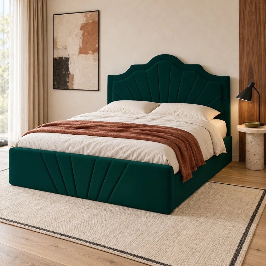 Pat tapițat din catifea Imperio cu linii 180×200 cm, verde, cu ladă de depozitare